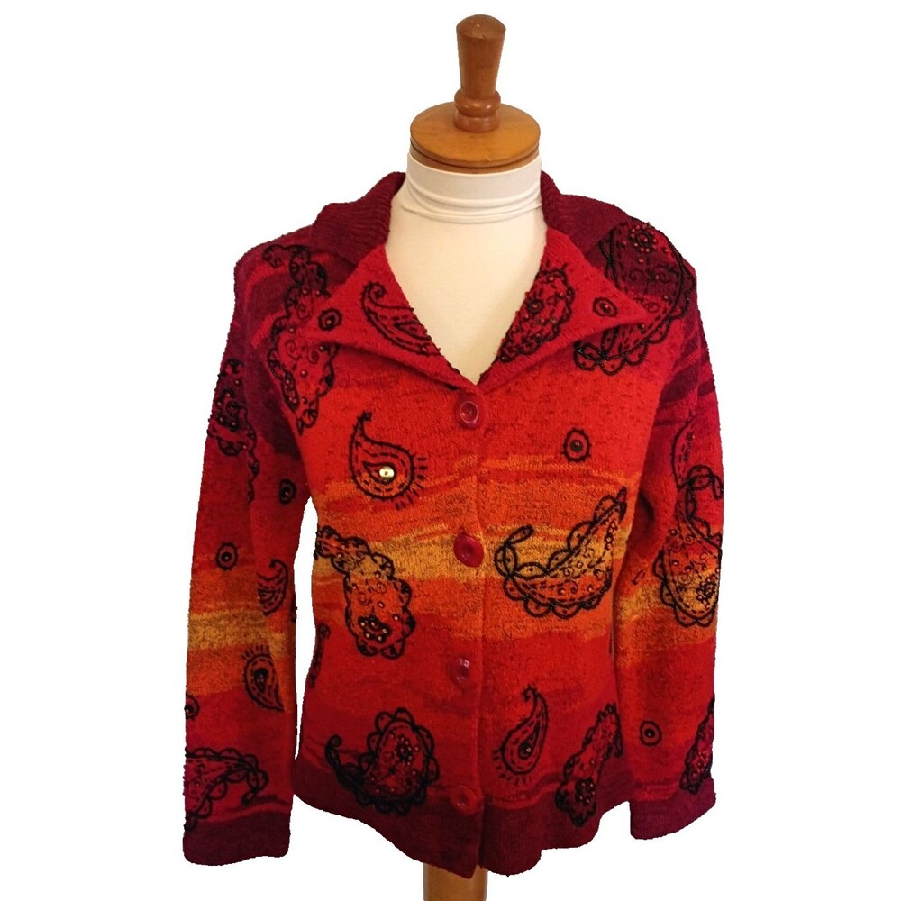 Design options Philip/Jane Gordon WINE /RED BLACK BEADED PAISLEY SWEATER SMALL